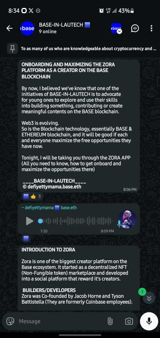 BaseInLautech's tweet image. Dec 15 at BASE-IN-LAUTECH 
We introduced students to Zora, showed how content lives onchain, how creators earn, and why ownership matters.

We’re focused on sensitizing the students on BASE and help them grow from campus to global scale.

This is how ecosystems grow.