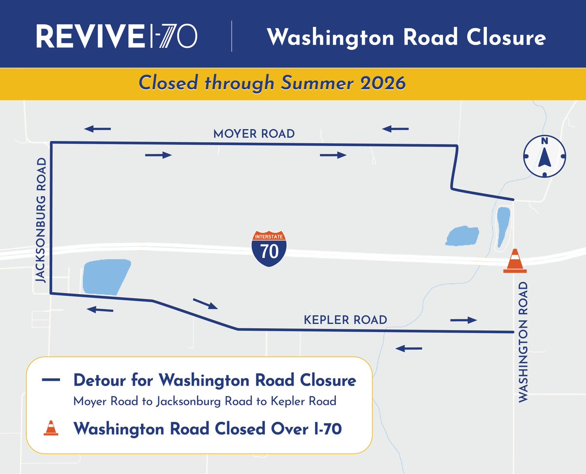 Pavement patching is scheduled this this weekend and early next week on I-70 and will require overnight lane closures. 

Heads up drivers! The Washington Road overpass bridge is expected to close on or after Jan. 5 and will be closed through summer 2026. 

revivei70.com/pavement-patch…