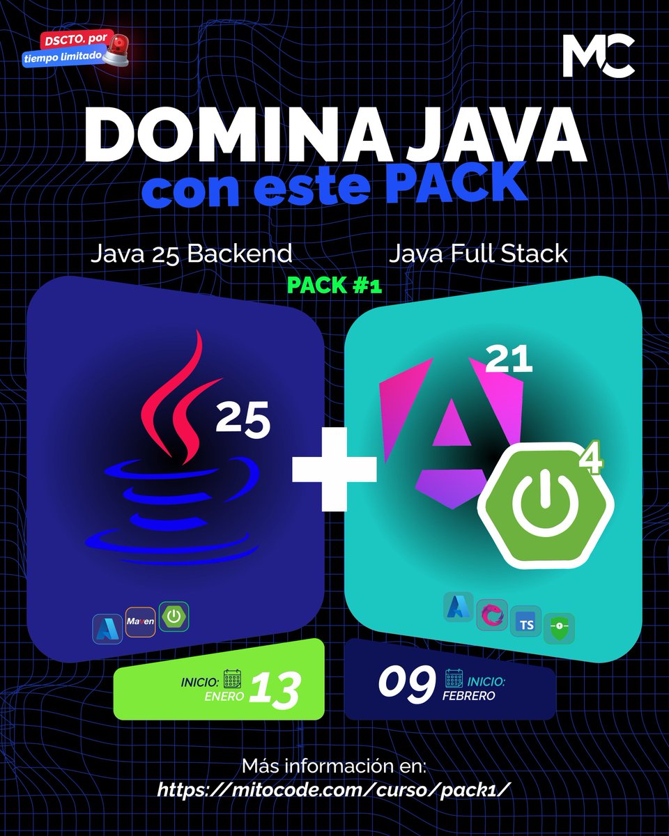 mitocode's tweet image. 🚨 PROMOCIÓN POR TIEMPO LIMITADO 🚨

Aprende tecnologías de alta demanda laboral 🤓, y prepárate a asumir nuevos retos con nuestro Pack de cursos de Java 25 Backend y Java Full Stack 👨🏻💻👩🏻💻

✅ Java 25 Backend + Java Full Stack
📲 buff.ly/yrDv3eF
#mitocode #programacion
