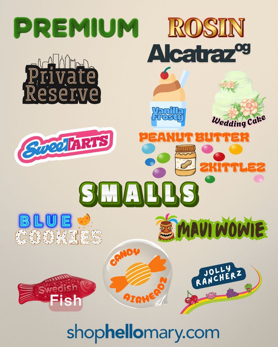 ShopHelloMary's tweet image. 🌀🎄 NEW DROP JUST IN TIME FOR THE HOLIDAY ROTATION 🎄🌀 

🍬 Sweet Tarts or Candy Airheadz?
🍯 Wedding Cake or Vanilla Frosty?
🌴 Maui Wowie smalls for the win?

Tell us your pick 👇 and see more of our loud, festive menu on shophellomary.com 🌬️🎁