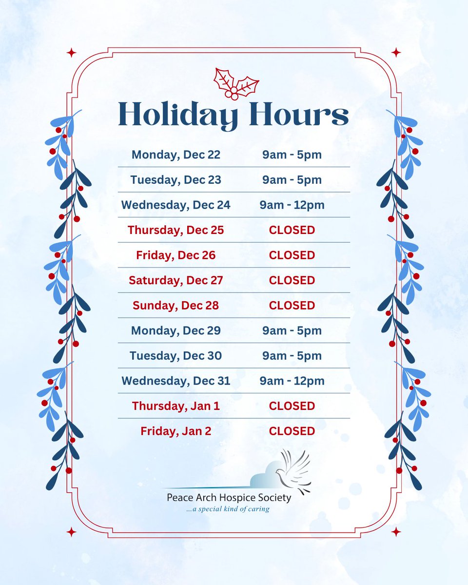 Sending wishes of care and comfort to our community this holiday season. 💙

The Supportive Care Centre is closed Dec 25–28 and Jan 1–2. 🗓️

For urgent support, please call the Fraser Health Crisis Line 24/7: 1-877-820-7444 🕊️ 

#PAHS #HolidaySupport #YouAreNotAlone #GriefSupport