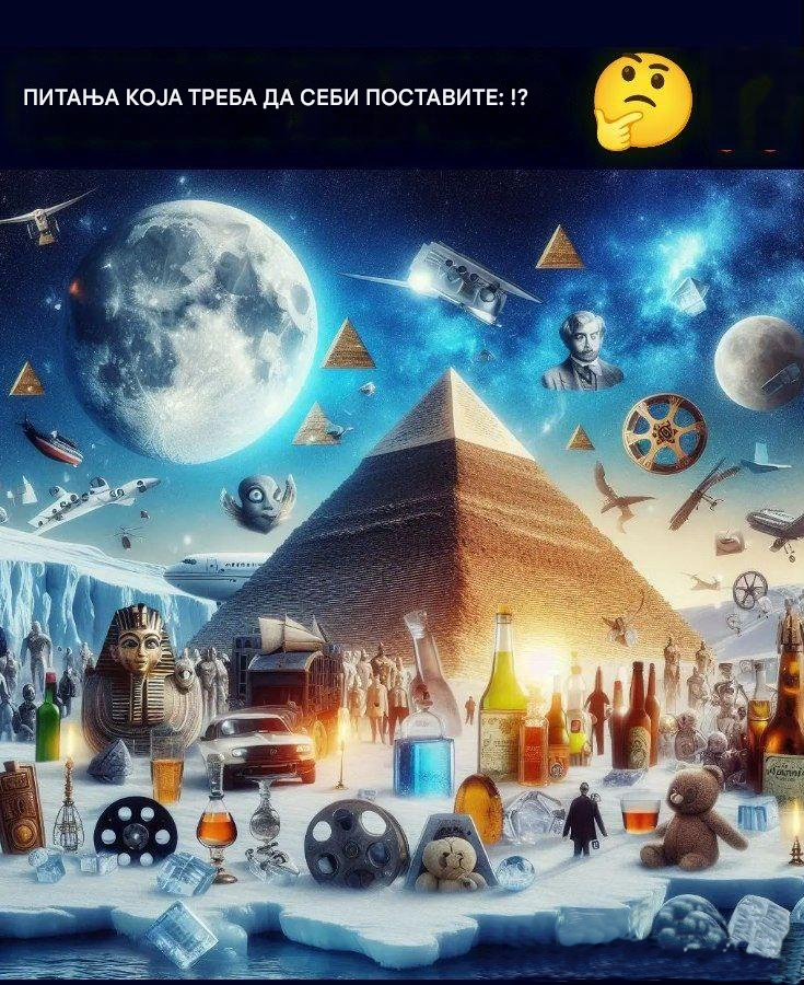 Питања која треба поставити: 🤔⁉️

1. Шта египатска пирамида ради на новчаници од америчког долара?

2. Зашто је 56 земаља потписало споразум о забрани проласка на Антарктику?

3. Зашто авиони никада не лете изнад Антарктика?

4. Како је НАСА „изгубила“ фотографије слетања на