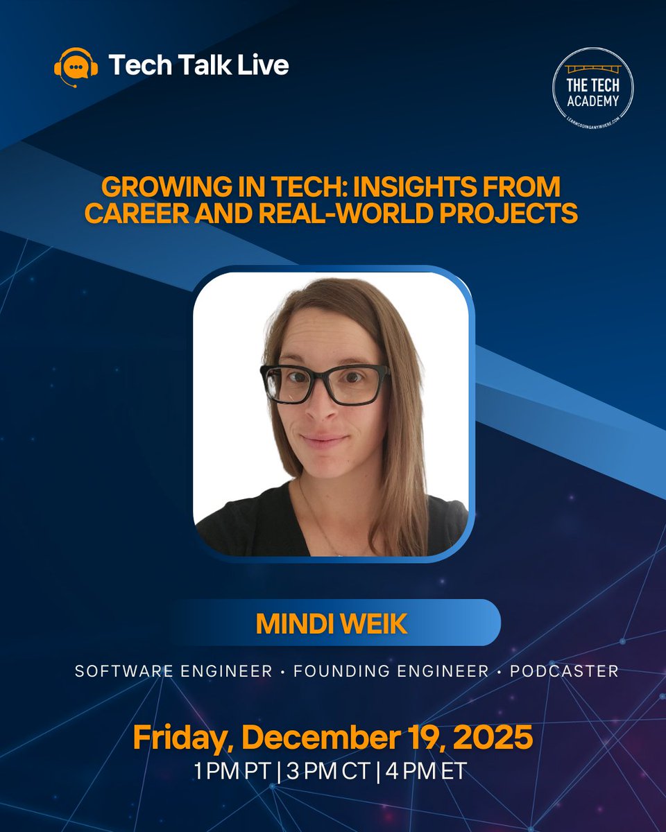 TheTechAcad's tweet image. Join Mindi Weik on Dec 19 and get actionable insights to accelerate your career.

Reserve your spot now! bit.ly/4oKZ0OD

#techtalk  #thetechacademy #onlinecodingbootcamp #techjob #softwaredeveloper #computerprogrammer #learncoding #jonhunt #webinar