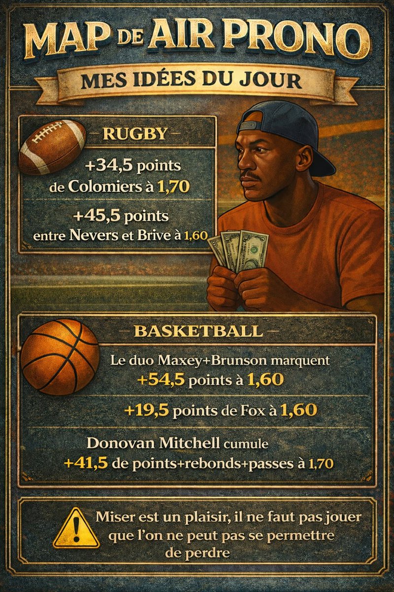 La Team 📣:

Voici la Map du jour on espère du positif 🍀

#TeamParieur #Rugby #Nba