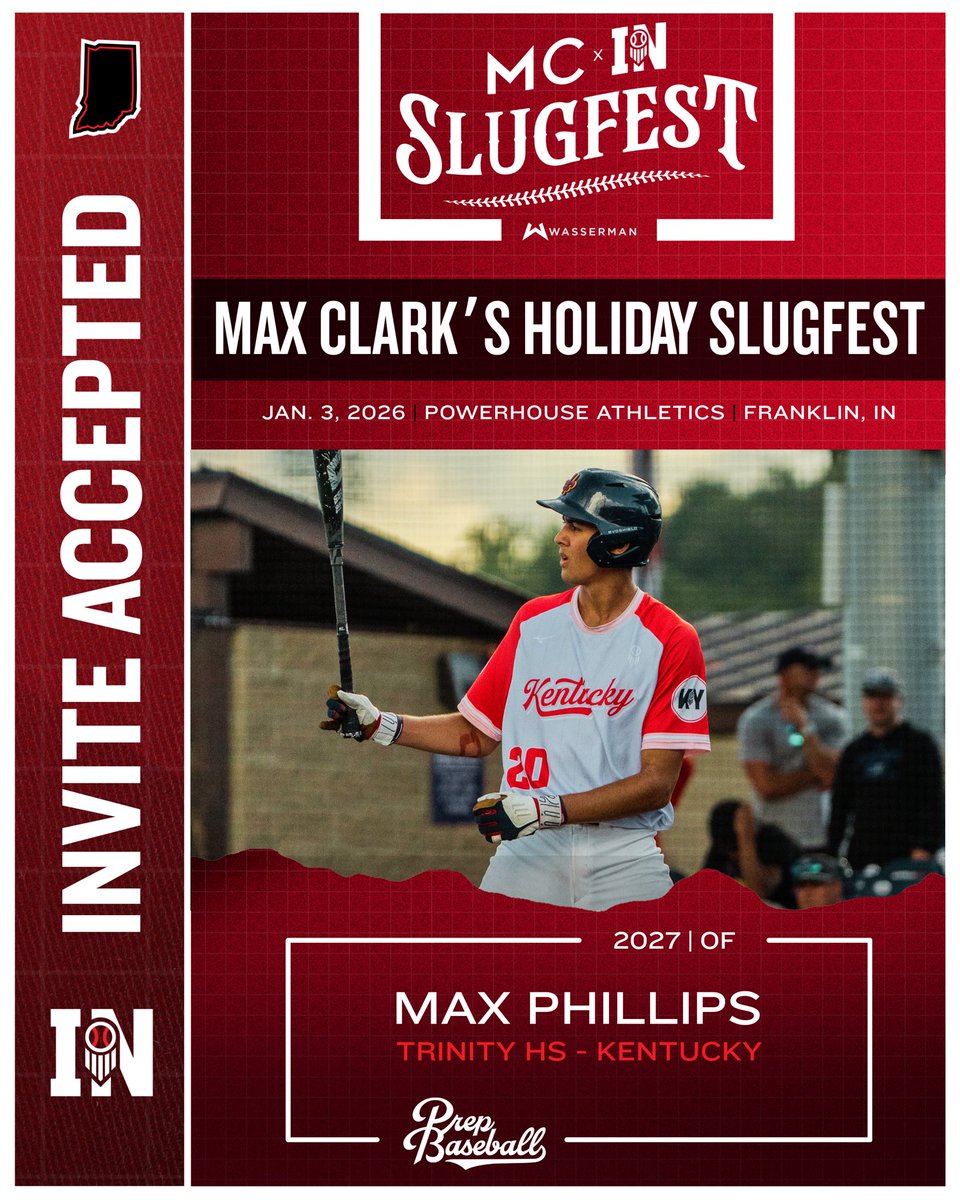 PrepBaseballIN's tweet image. 𝐌𝐚𝐱 𝐂𝐥𝐚𝐫𝐤’𝐬 𝐇𝐨𝐥𝐢𝐝𝐚𝐲 𝐒𝐥𝐮𝐠𝐟𝐞𝐬𝐭

‘27 @15Phillips2027 (KY) is #𝙇𝙤𝙘𝙠𝙚𝙙𝙄𝙣 for the #MCSlugfest26🌟

- #1 player in Kentucky’s JR class
- Top 70 player in the 🇺🇸
- 2025 Future Gamer⚡️
- @WakeBaseball commit 🎩

@maxxclarkk13 | @CTrinkle23 | @PHAthletics00