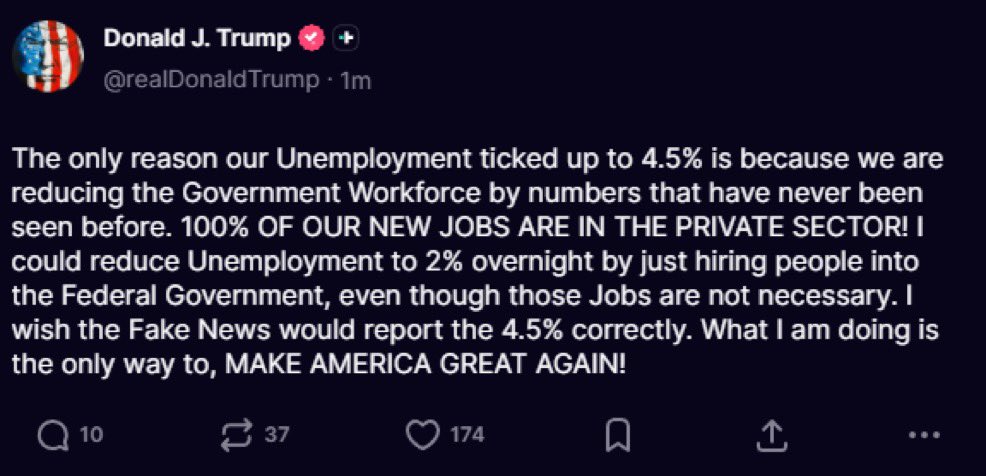 🇺🇸 TRUMP JUST POSTED THIS !! 

He said he could reduce unemployment from 4.5% to 2% overnight.