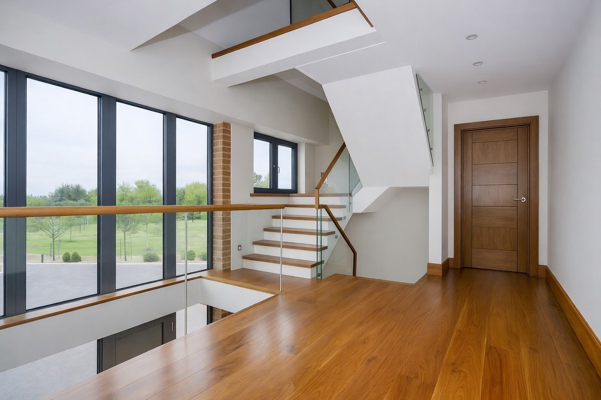 A complete house overhaul with external remodelling, new side-and-rear extensions, loft conversion; dramatic entrance hall opened around a sculptural new stairwell with gallery view through all floors