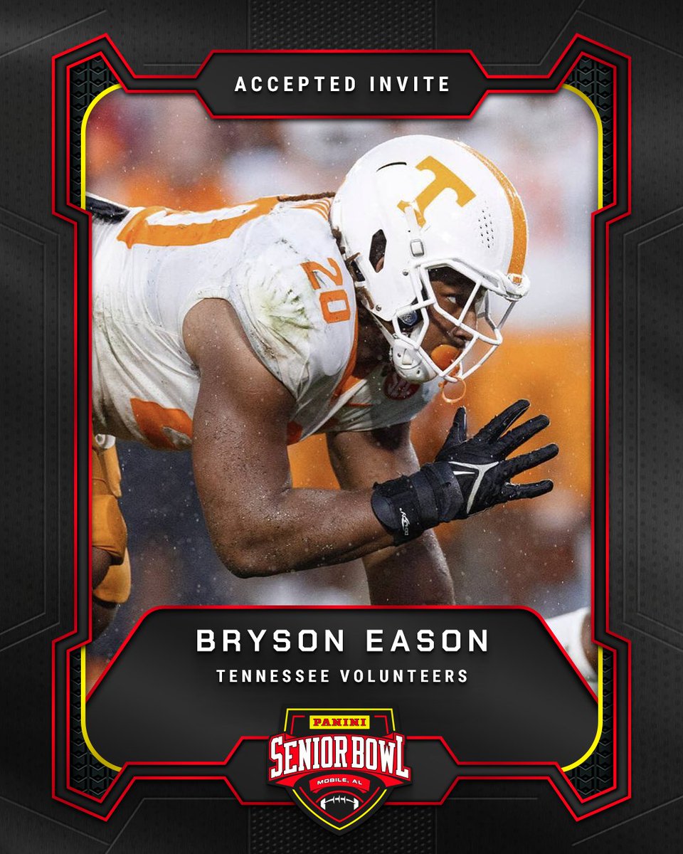 Officially Accepted!

DL Bryson Eason (<a href="/EasonBryson/">Bryson Eason</a>) from <a href="/Vol_Football/">Tennessee Football</a> is headed to the 2026 Panini Senior Bowl 🔥

#TheDraftStartsInMobile #WherePlayersPlay