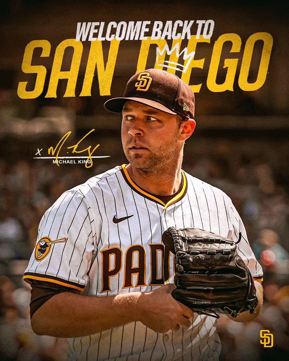 Padres's tweet image. Welcome back to San Diego, Michael!

We have signed right-handed pitcher Michael King to a three-year contract through the 2028 season.