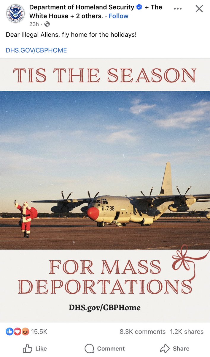 steadystate2025's tweet photo. This is an official U.S. government account using dehumanizing language, holiday imagery, and military symbolism to promote fear and coercion. It’s political messaging designed to intimidate, stigmatize, and normalize mass punishment. Democratic governments do not taunt vulnerable populations. #holdfast