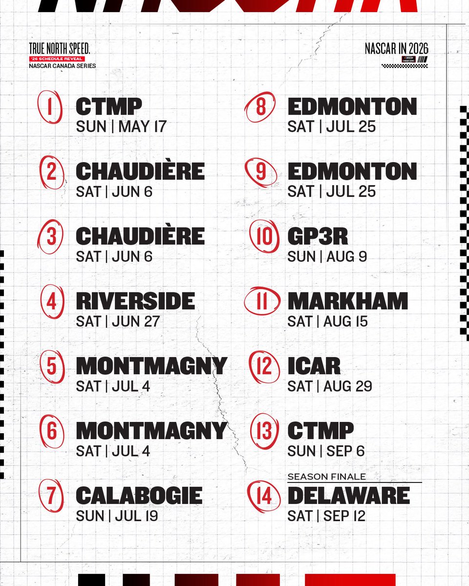 And there it’s, finally out! Your NASCAR Canada schedule for 2026!
Plan accordingly. #nascarcanada #racing