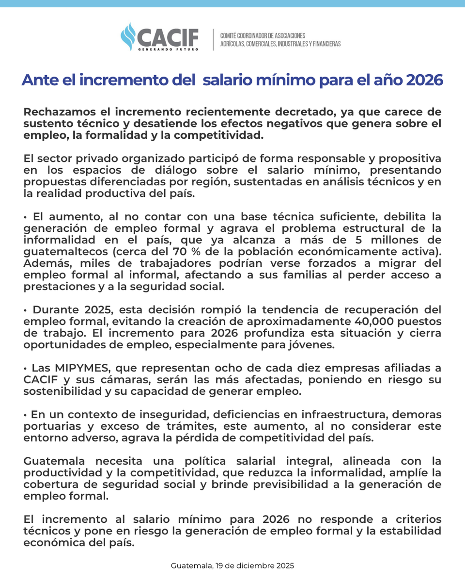 CACIFGuatemala's tweet image. Ante el incremento del salario mínimo para el año 2026

#ComunicadoCACIF