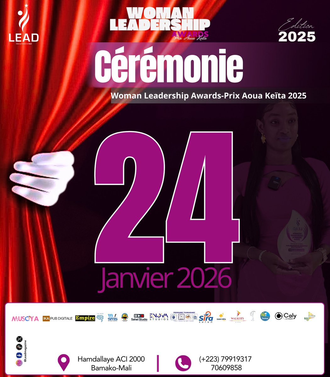 leadmagml's tweet image. [ ANNONCE 📣] 

Le 24 Janvier prochain, soyez au rendez-vous de la célébration des femmes leaders du Mali de l’intérieur et de sa dispora. 
Woman Leadership Awards-Prix Aoua Keïta, cérémonie de référence de récompense du Leadership féminin au Mali.