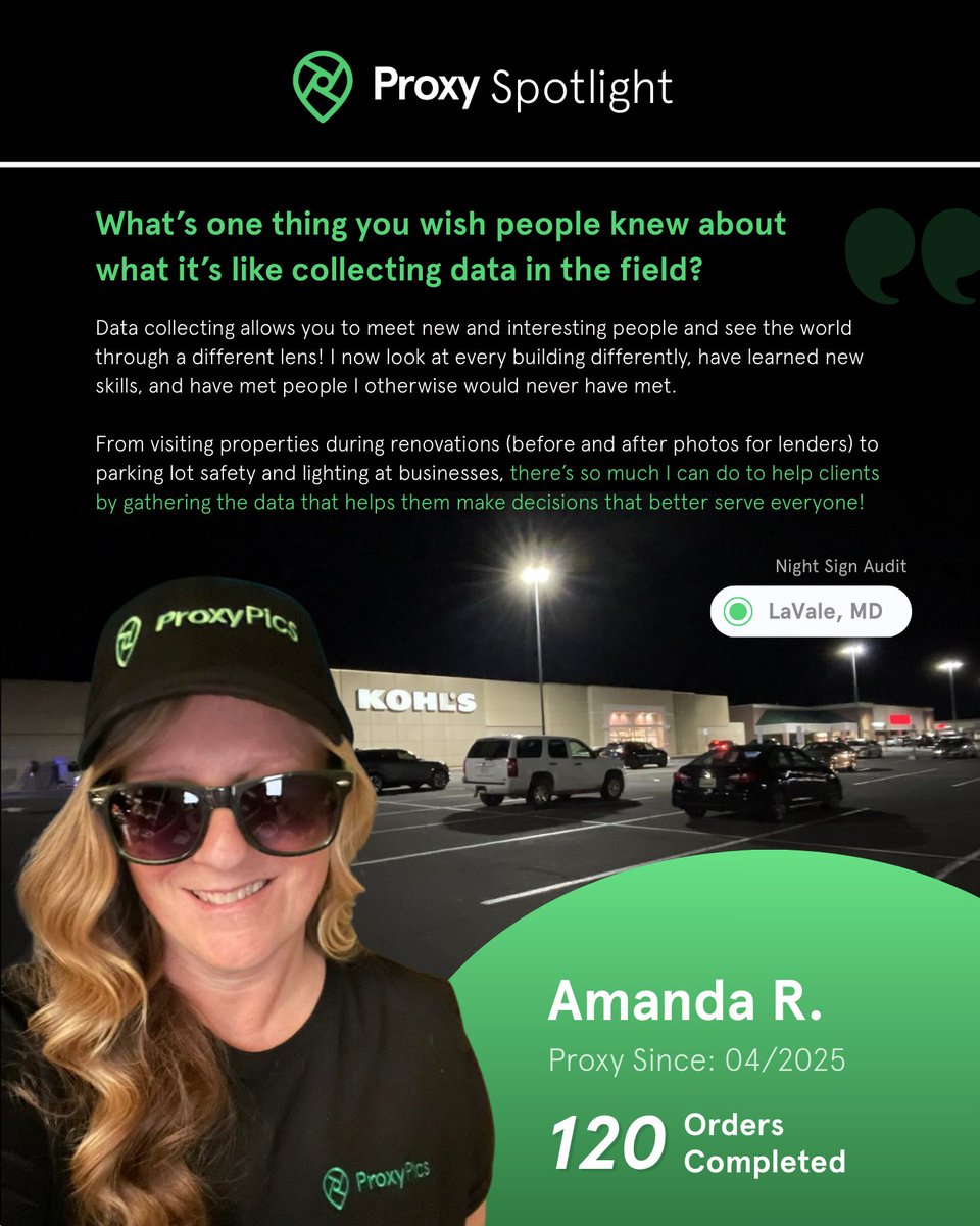 Meet Amanda R. 👋

Amanda joined the ProxyPics data collection panel in April and has already completed 118 on-site orders across residential and commercial properties. From same-day exterior work to interior appointments and nighttime assignments, she’s built range quickly by