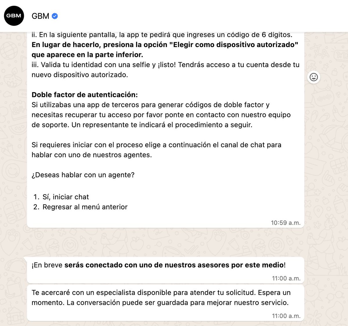 rene_rh's tweet photo. @GBM_mx_ Llevo tres día tratando de obtener ayuda por whatsapp y lo único que obtengo es un mensaje automatizado. 

¿De verdad no hay una persona que pueda atender o ya se fueron de vacaciones?

¿Así va a ser el servicio siempre? https://t.co/GFZT6F2XrT