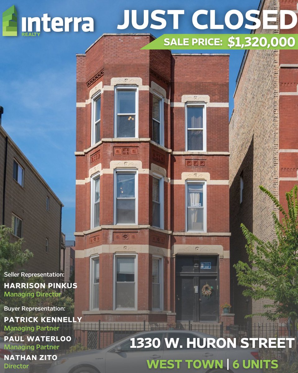 InterraRealty's tweet image. JUST CLOSED | West Town
Congratulations to Interra Realty's Harrison Pinkus, Patrick Kennelly, Paul Waterloo, and Nathan Zito who recently brokered the sale of this 6-unit multifamily property in Chicago's West Town neighborhood. 

#CRE #multifamily #Chicago #JustClosed