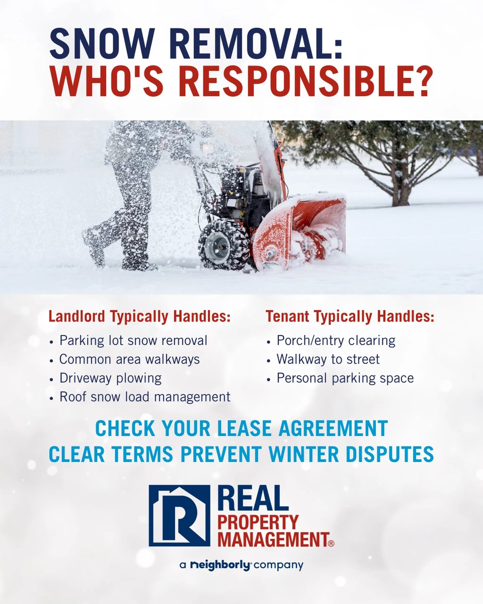 Real Property Management® ensures clear lease language and coordinates professional snow removal services when needed. We handle the logistics so your tenants stay safe and your property stays compliant with local regulations!