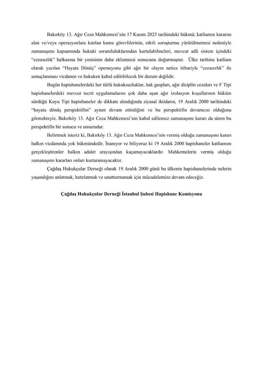 Hapishaneler katliamı halkın vicdanında asla zamanaşımına uğramayacaktır!  

19-22 Aralık katliamıyla ilgili açıklamamızı paylaşıyoruz.