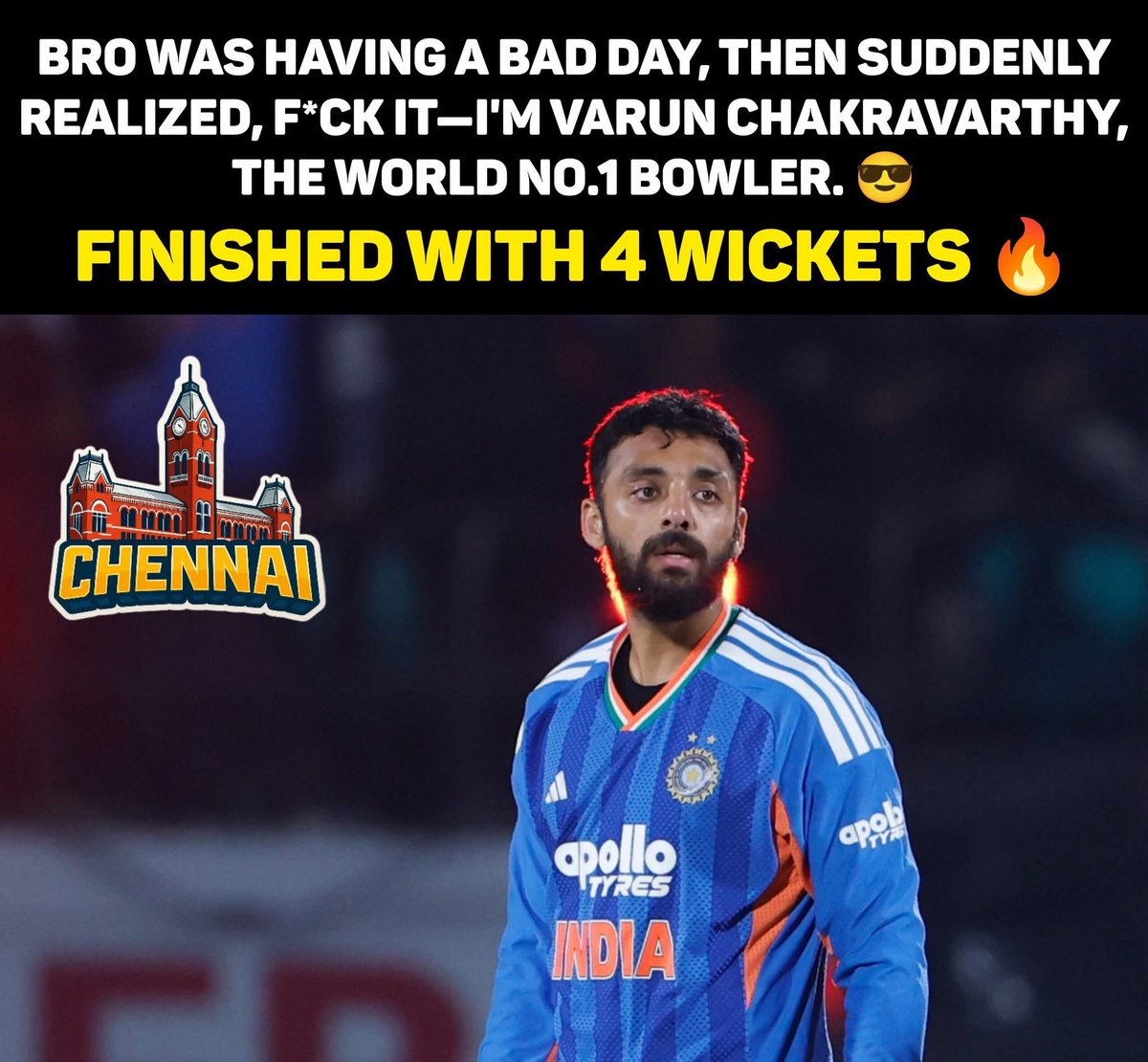 memeschennai's tweet photo. When the day was against himโฆ Varun Chakravarthy showed why he's the World No.1 ๐๐ฅ
4 wickets, flawless spin, pure magic on the field! ๐โจ
#KingOfSpin #VarunChakravarthy #WorldNo1 #CricketLegend #WicketMachine #GameChanger #CricketMagic https://t.co/LjT4HB3lET