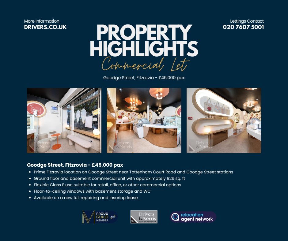 drivers_norris's tweet image. 🚨 Commercial Let – Fitzrovia, W1 🚨

926 sq. ft commercial unit across ground &amp;amp; basement floors with flexible Class E use. Steps from Goodge Street and Tottenham Court Road stations.

 📧 commercial@drivers.co.uk | 📞020 7607 5001

#Fitzrovia #LondonProperty #CommercialProperty