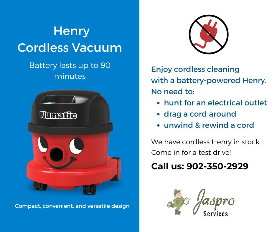 JasproP's tweet photo. Cleaning is so much easier and more convenient with a cordless Henry vacuum. The long-lasting battery means you can clean large and awkward spaces without the hassle of an electrical cord. We have cordless Henry in stock. Call us today at 902-350-2929 for  a Henry  test drive. https://t.co/X8AGxFaBFP