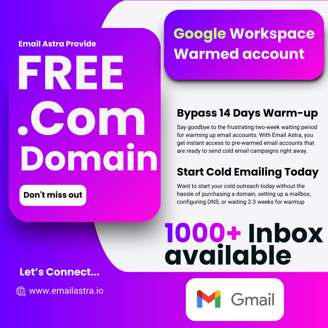 HabibuR_2050's tweet image. 🚨 Tired of waiting 14–21 days just to START cold emailing? 😩  

Wasting money on domains + manual warm-up = dead campaigns before they even launch.  

With Email Astra:  
✅ FREE .com domain  
✅ Pre-warmed Google Workspace (inbox-ready Day 1)  
✅ SPF/DKIM/DMARC fully…
