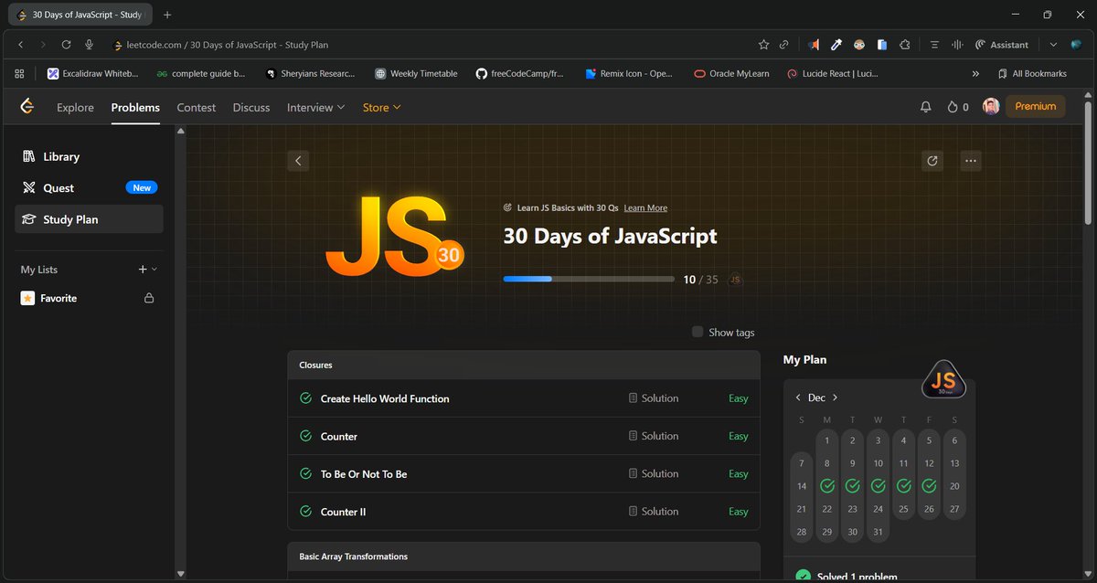 dilsecode's tweet image. Day 5/30 of my DSA Challenge ✅
Solved 1 problem today, focusing on core js concepts like calling function once and returning undefined on others.
Learning to stay consistent and trust the process 🚀
#DSA #JavaScript #LeetCode #Consistency