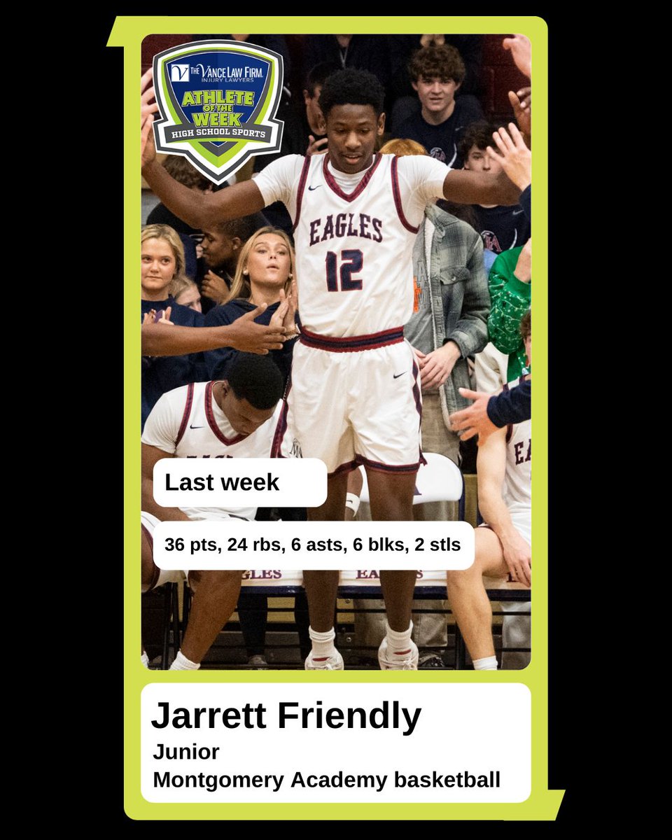 MGMAdvertiser's tweet image. Congrats to Jarrett Friendly of Montgomery Academy basketball for being voted the Boys Athlete of the Week, presented by The Vance Law Firm! montgomeryadvertiser.com/story/sports/h…