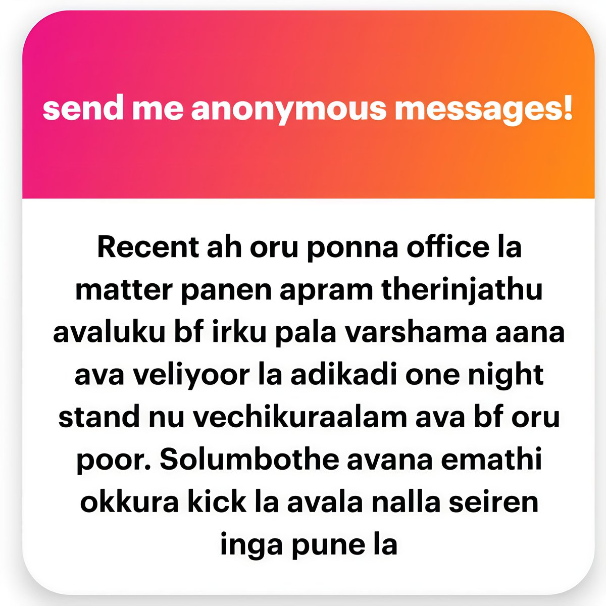dd_confession_'s tweet photo. Matter panathula ok than bcz ava anyways thevidiya thana...
But pavam antha paiyan... Poor boyfriend...
Avala okura varai fine than but avan emathi okurathula iruka kick not good for me 🙅🏻‍♂️

DM me to make a full confession or Add it in NGL anonymously 📩

https://t.co/vwHfbujTcT https://t.co/qQl9J4wEgQ