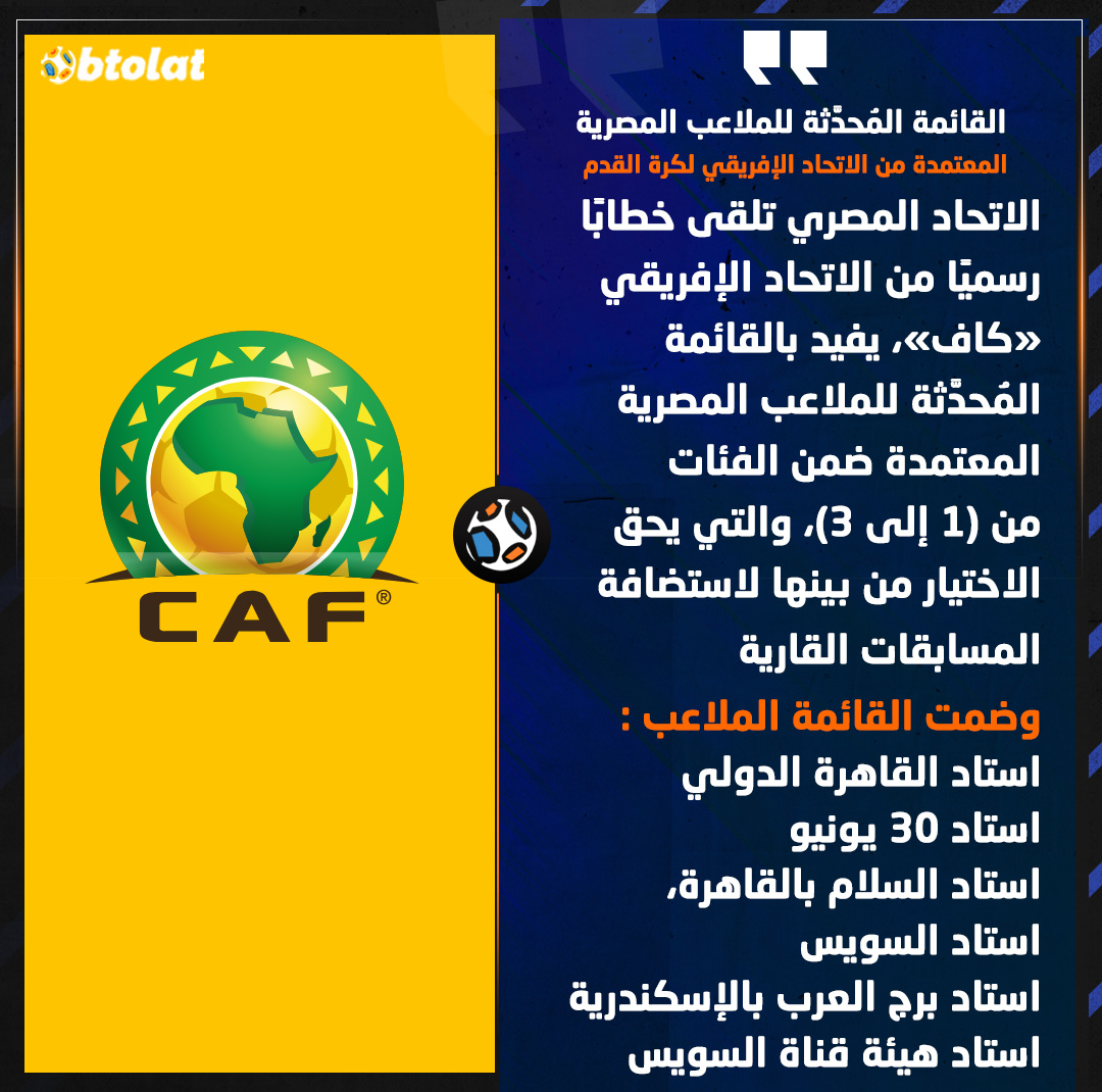 الاتحاد المصري لكرة القدم تلقى خطابًا من الاتحاد الإفريقي لكرة القدم «كاف»، يفيد بالقائمة المُحدَّثة للملاعب المصرية المعتمدة والتي يحق الاختيار من بينها لاستضافة المسابقات القارية للاتحاد الإفريقي 