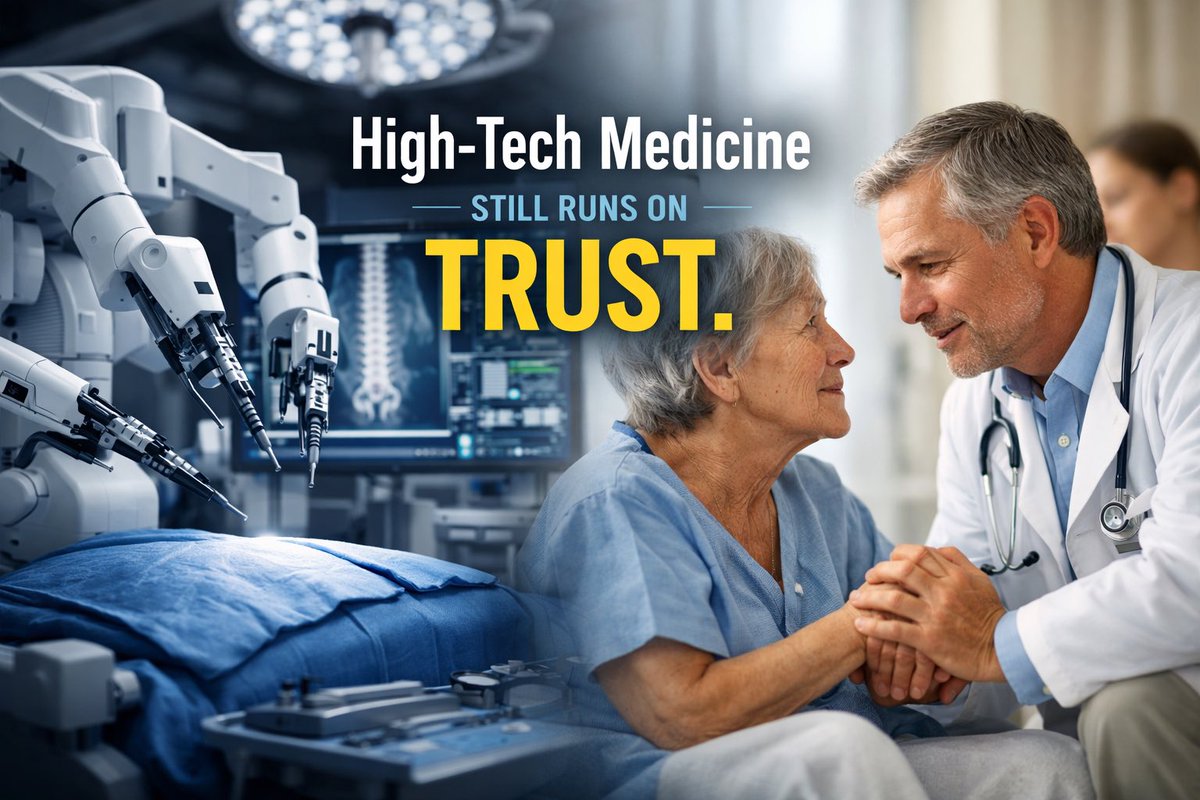 spinevidya's tweet photo. High-tech medicine is impressive.
Robots. AI. Precision.

But patients don’t place their lives in machines.
They place their lives in people.

A robot can improve accuracy.
It cannot replace honesty, empathy, or accountability.

As technology advances, trust matters more—not less.

What builds trust in healthcare today?

#HealthcareLeadership #SpineSurgery #MedicalEthics #TrustInMedicine #RoboticsInHealthcare #PatientFirst #HumanTouch #HealthcareTransformation