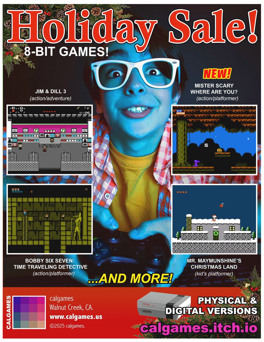 LancasterPhotog's tweet photo. ‘Tis the Season! 30% OFF all calgames digital NES titles at https://t.co/Cqn2WFPfQ0 ! See https://t.co/eDMwhMCzjG for physical copies ❄️🎄🎅🏼•••• #misterscary #nintendo #mrmaymunshine #nes #indiegame #indiedev #bobbysixseven #jimanddill #8bit #nesdev #retrogaming #calgames https://t.co/3fUw12bBei