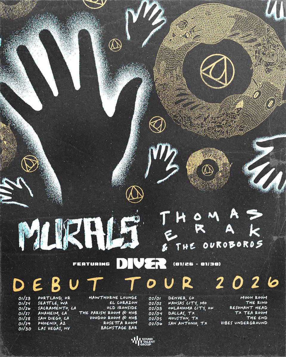 🖐🏼 TOUR ANNOUNCE
Murals and Thomas Erak &amp; the Ouroboros are tag-teaming our debut tour, along with support from Diver in select cities.
The first show is just over a month away; tickets are available now via our linktree, don't miss out! See you there 🖐🏼