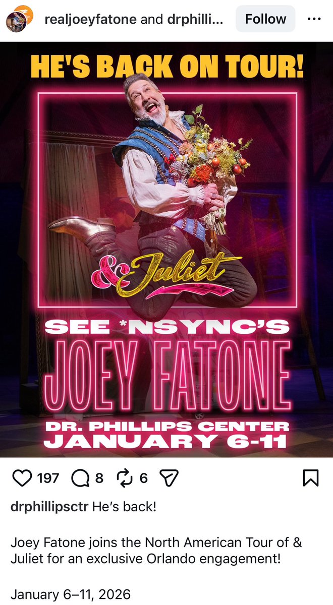 fatonethinker's tweet image. 🎧🩷 Joey will reprise his role as Lance in &amp;amp; Juliet in Orlando!