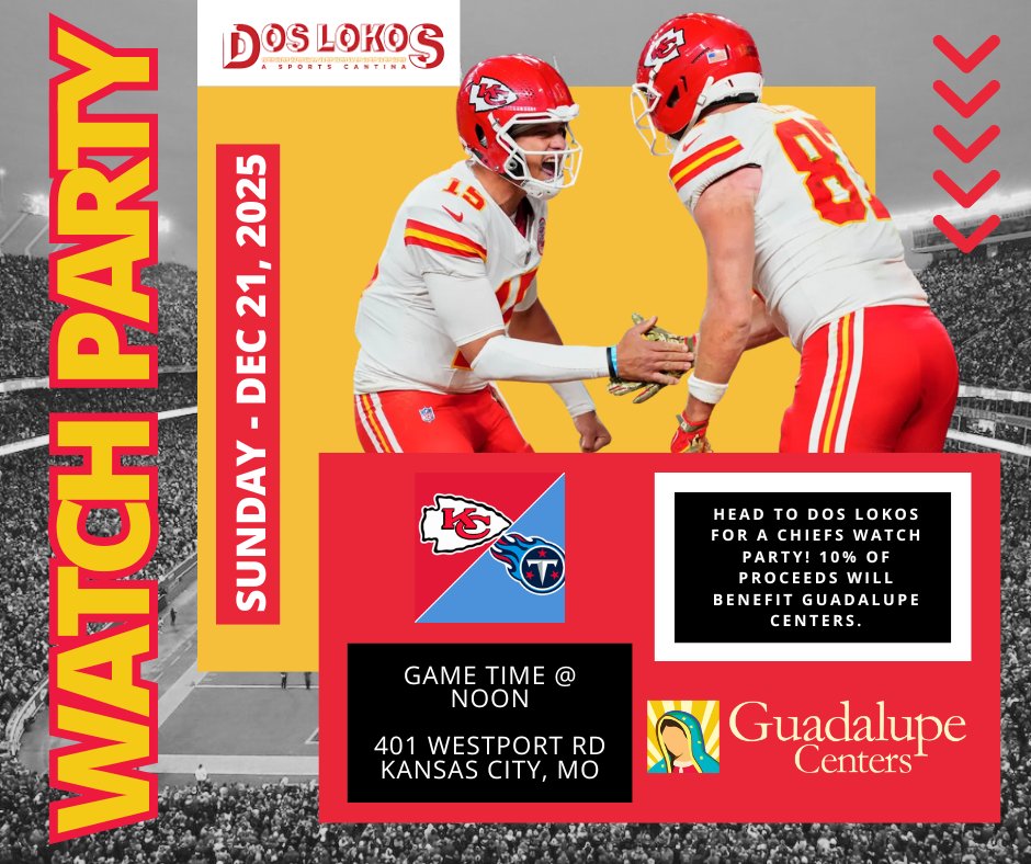 GCI1919's tweet image. Guess what? Dos Lokos is hosting a Chiefs Watch Party this Sunday, Dec. 21! 🏈 10% of proceeds benefit GCI. 

Can’t catch the game? Stop by anytime—this runs all day! 💛

#ChiefsKingdom #SupportLocal #GameDay