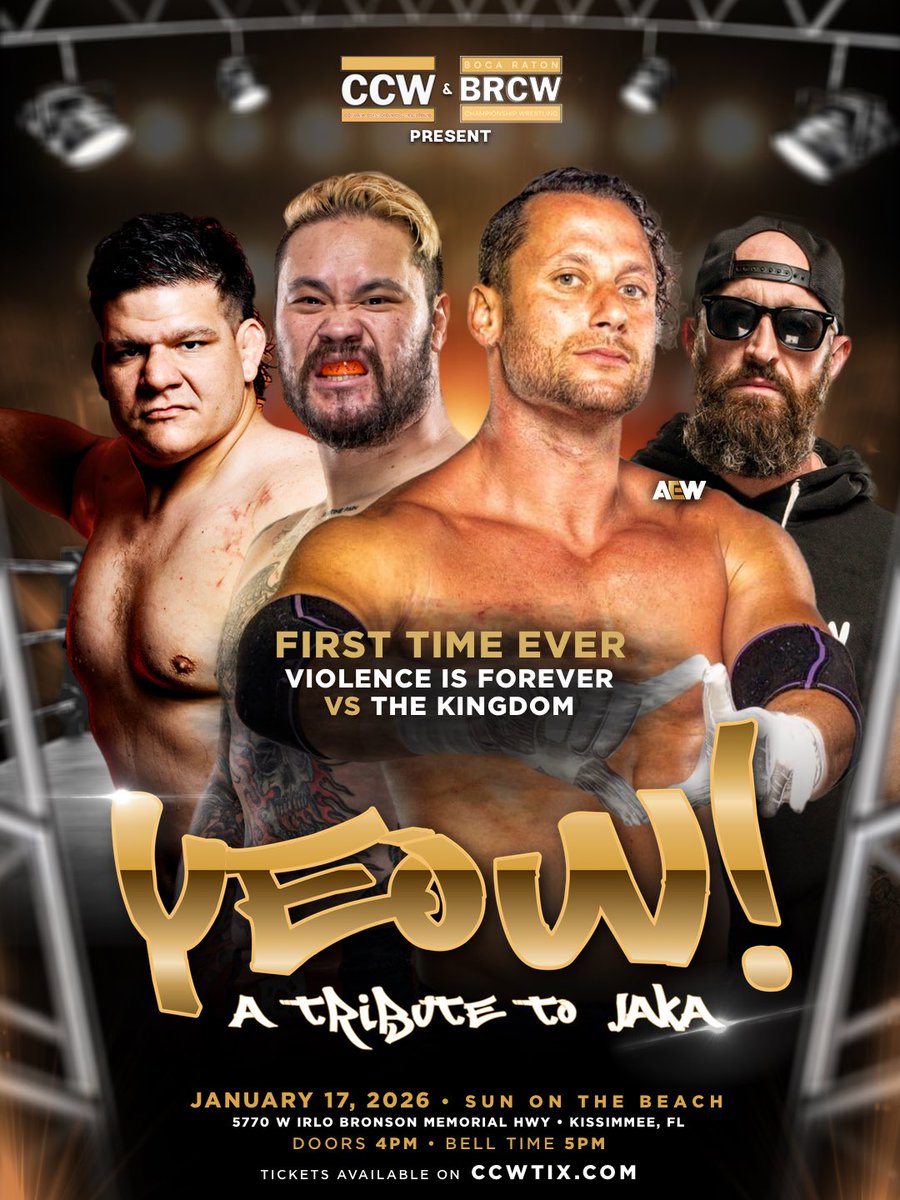 FIRST TIME EVER. 
The Kingdom will take on Violence is Forever.
1/17, YEOW! A Tribute to Jaka! Sun on The Beach. 
#YEOW! #TributetoJaka #kissimmeflorida 

<a href="/kevinxku/">Kevin KU🎄⚒⚒⚒</a> <a href="/RealMikeBennett/">Mike Bennett</a> <a href="/MattTaven/">ᴛʜᴇ ᴛʀᴇɴᴅ MʌTT TʌVEN</a> <a href="/dgarrinibc/">Dominic Garrini</a>
