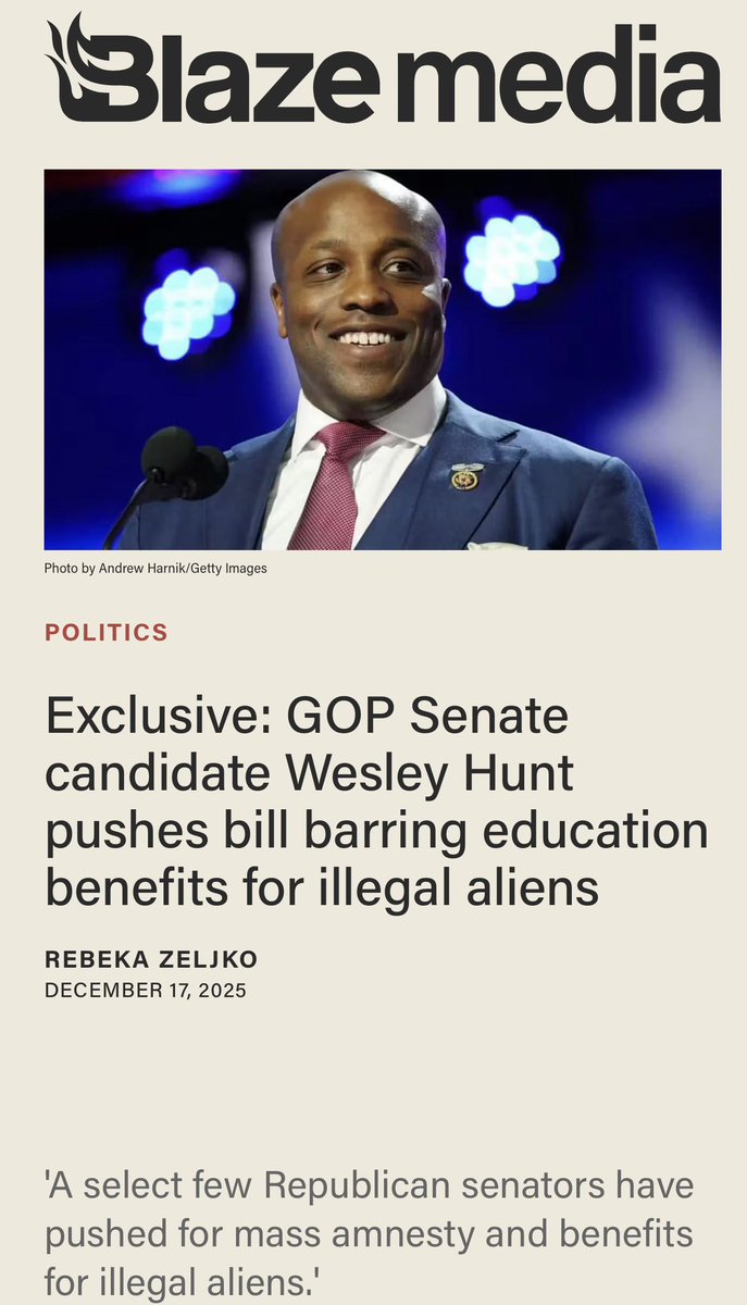 HuntforSenate's tweet photo. Wesley Hunt pushes to prevent illegal aliens from receiving in-state tuition. 

For years, illegal aliens have reaped benefits meant for the American people. In 2003, John Cornyn voted for the Dream Act, which created an incentive to distribute free resources and grant amnesty to illegal aliens. 

Cornyn, who has voted for mass amnesty 11 times, puts illegal aliens above Americans. 

Wesley Hunt fights for Americans in America.