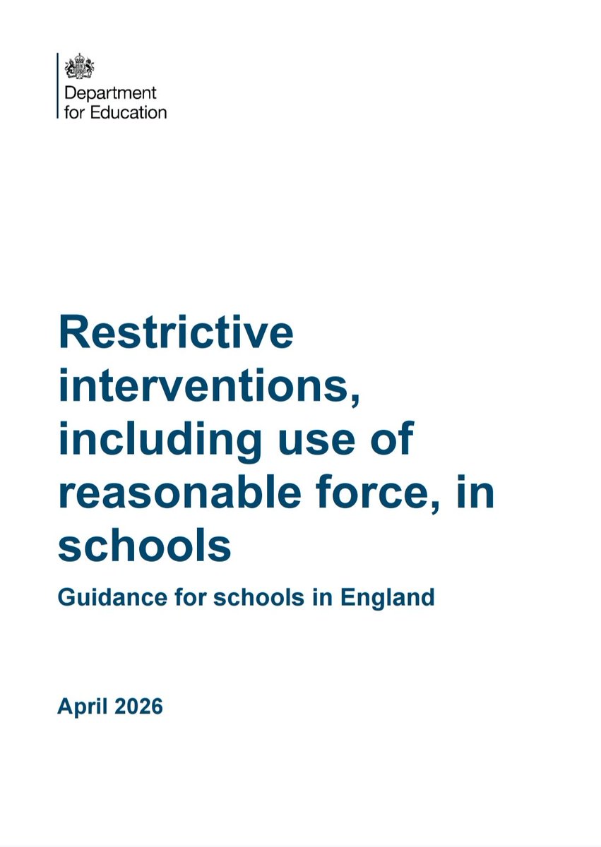 🚨🚨 New ‘Restrictive interventions, including the use of reasonable force, in schools’ guidance has been published by <a href="/educationgovuk/">Department for Education</a>

Please be aware it contains BOTH statutory &amp; non-statutory guidance.

gov.uk/government/pub…

#behaviour #reasonableforce #edutwitter
