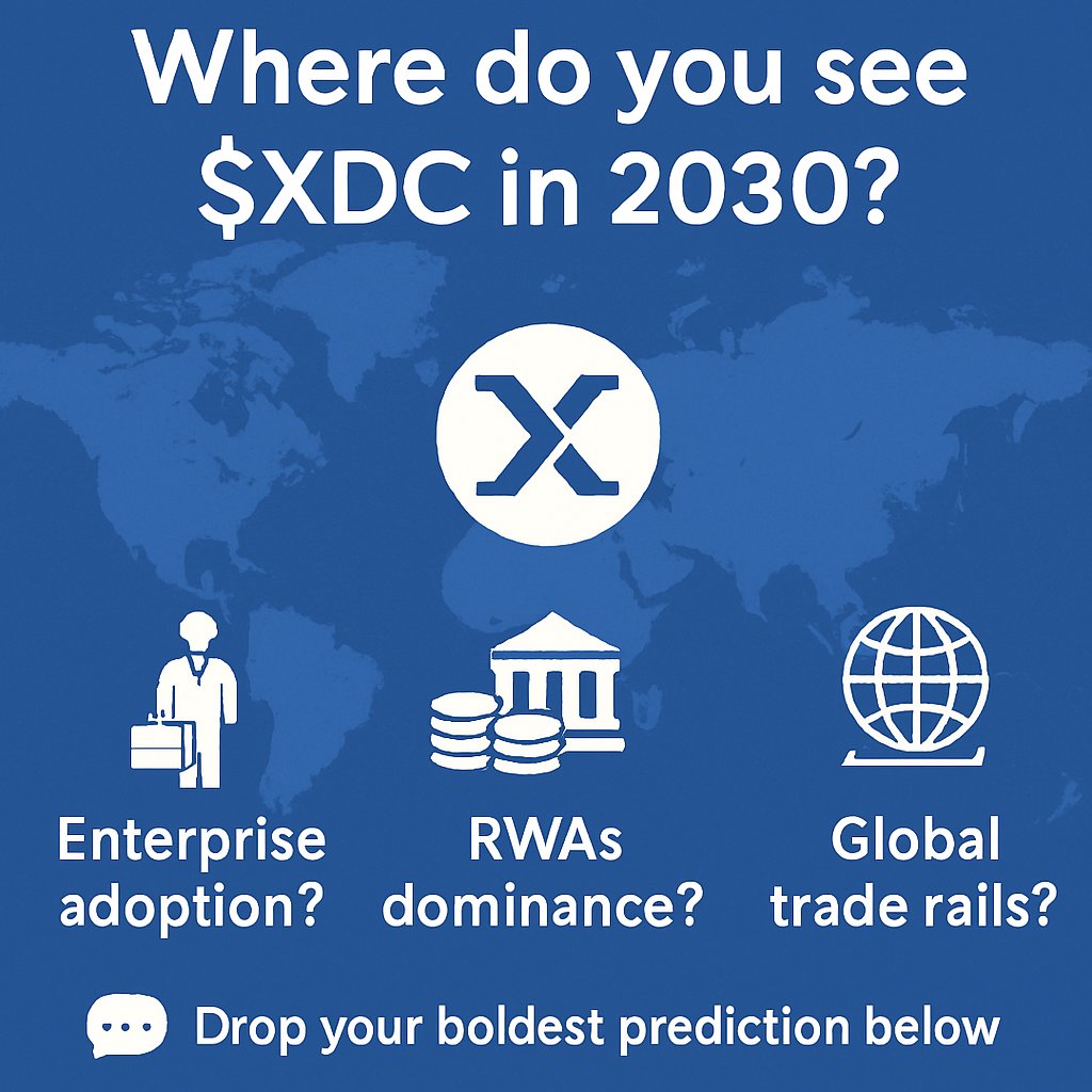 Where do you see $XDC in 2030? 🌍

Enterprise adoption? RWAs dominance? Global trade rails? 💼
💬 Drop your boldest prediction below 

 In 3–5 days, I’ll post a summary thread of the top predictions!

#XDC <a href="/XDCNetwork/">XDC Network</a> #XDC #BTC #XRP #SHOWBREAK6 #Ashes #Ashes2025 #nadiedicenada