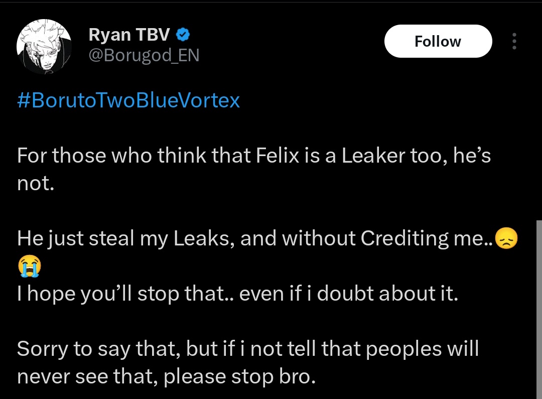 felixx_ez's tweet image. God! This is pathetic. 

@Borugod_EN  Acts like people already don't know that I am not a leaker but just a humble guy translating the leaks

Well, since he’s claiming that, let me just debunk these false allegations.

#BorutoTwoBlueVortex