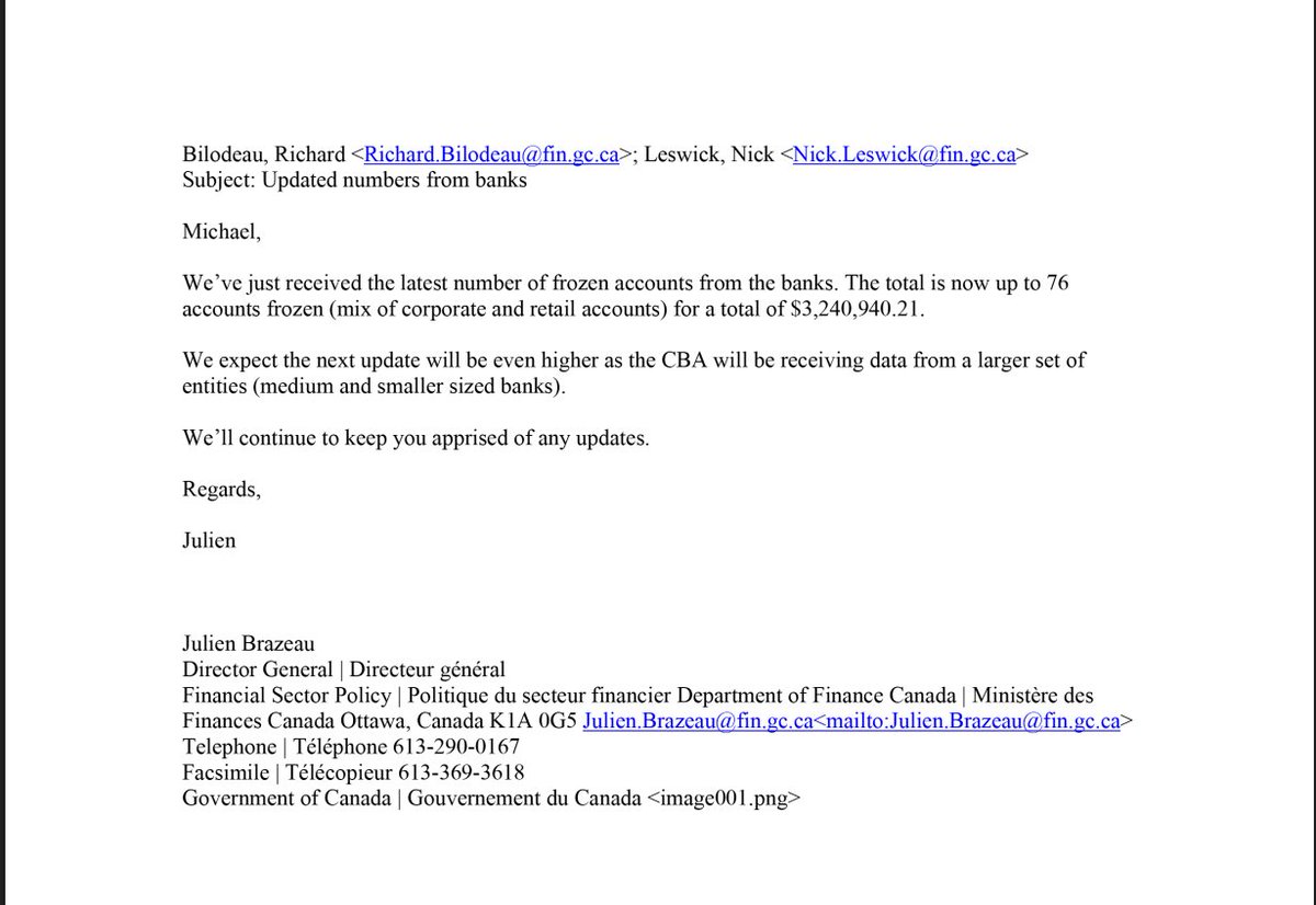 Nick Leswick, Executive Director, Policy, Bank of Canada, becomes Deputy Minister of Finance.

He's included in e-mails in evidence before the POEC reporting on numbers of frozen convoy accounts: