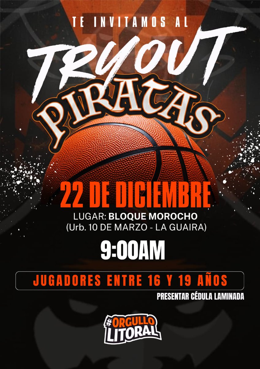🏴‍☠️ ¡Atención, futuros Piratas! 🏀
¿Tienes entre 16 y 19 años y tienes talentopara el baloncesto? Esta es tu oportunidad de unirte a la tripulación.

📍 Bloque Morocho, Urb. 10 de Marzo - La Guaira. 
📅 Lunes 22.
🕘 9:00 AM.

 #SomosPiratas #OrgulloLitoral 🔥