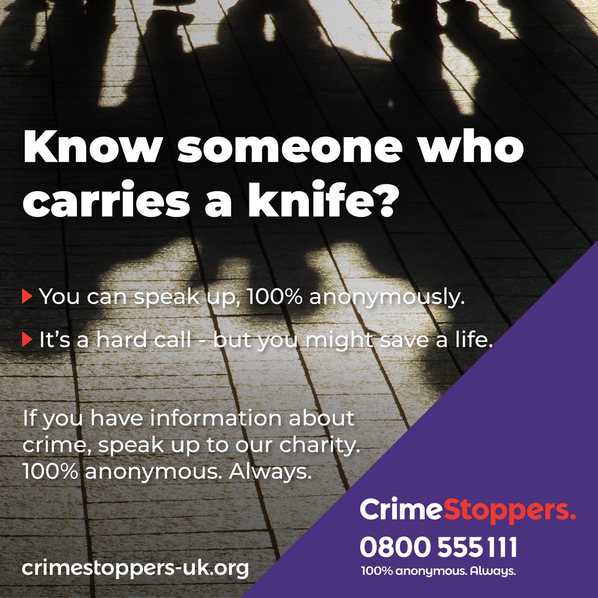CrimestoppersUK's tweet image. Criminals who carry knives don’t care who is in the way. 

Anyone could become the next victim…

Are you concerned about someone who poses a threat to your loved ones? 

Speak up to our charity today and stay 100% anonymous. Always.

👉 crimestoppers-uk.org/keeping-safe/p…