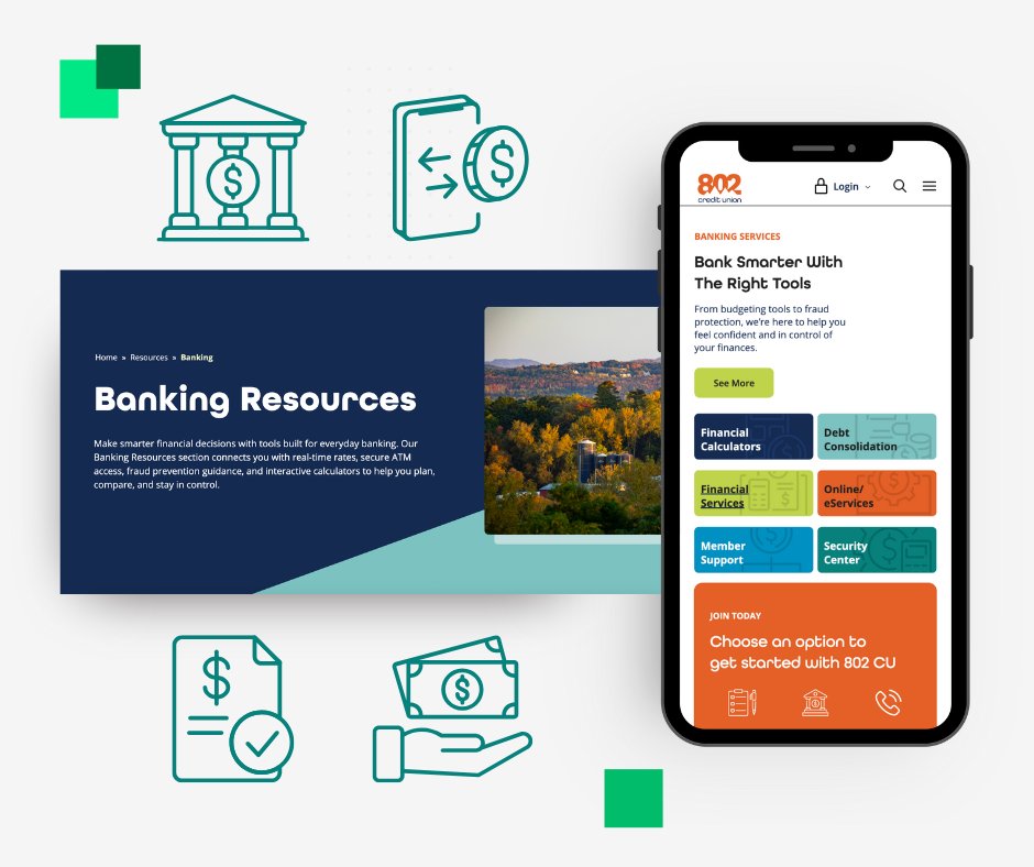 burlingtonbytes's tweet photo. Drumroll, please: it’s time to share the new @802CU  website!

The final result balances design with member-first functionality: secure, easy to access, and built to grow. 🏦

Explore the new site: https://t.co/dEOi6JYuzY https://t.co/v3IWdRCosx