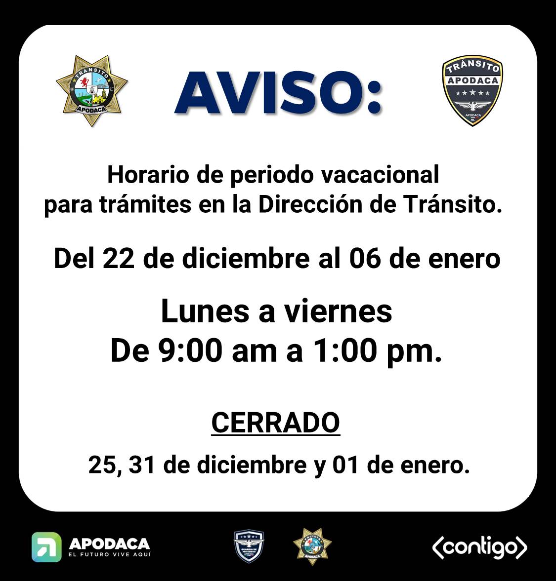 Horarios para trámites en la Dirección de Tránsito en época decembrina.