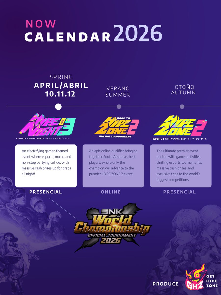 Gracias a #SNK por el anuncio del #SWC2026 y con eso viene la nueva temporada del HYPE!!!!!

Iniciando la temporada del HYPE del 2026, #GHZ les presenta #HypeNight3

Abril 10 - 12

Sera para puntos hacia #FatalFuryCityoftheWolves y #KOFXV 

Despues tendremos 2 eventos mas para el