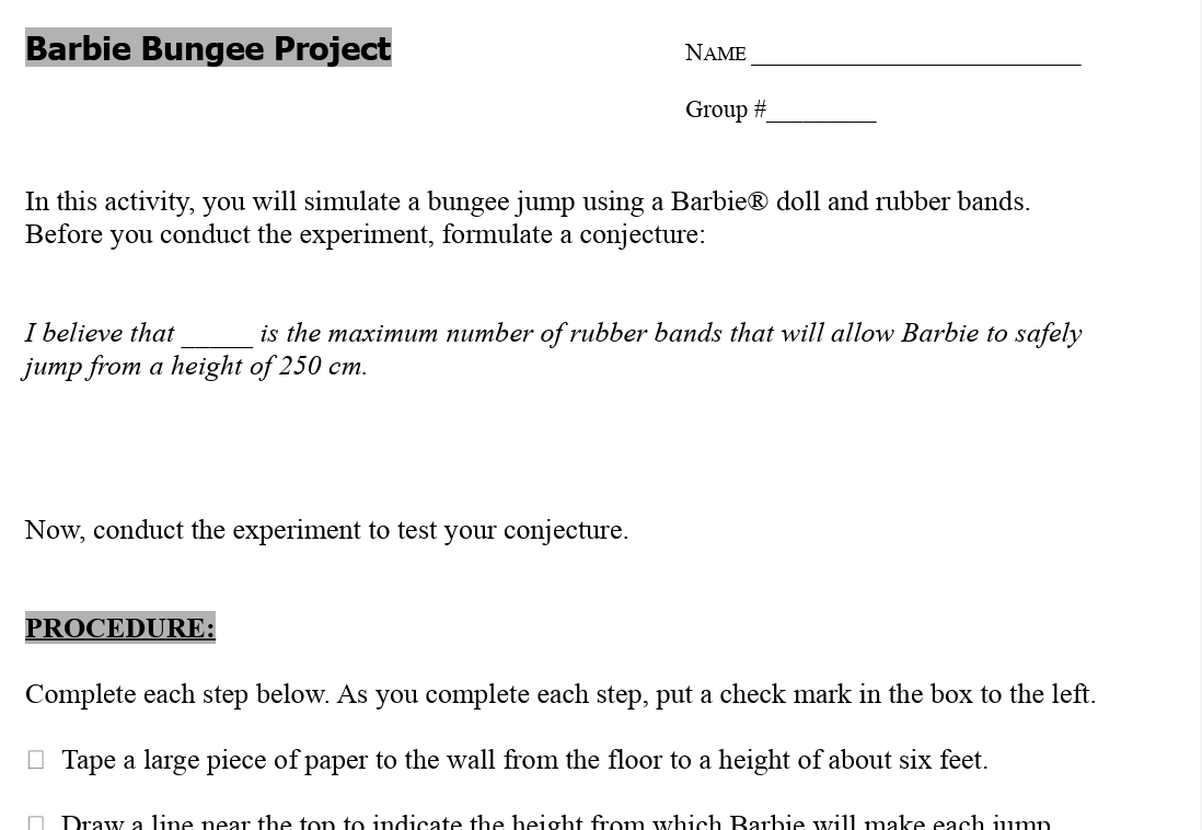 Mr. Barna's Algebra class gathered real-time data as they made conjectures about how many rubber bands create a successful Barbie bungee jump in this hands-on activity to explore Linear Regression, helping students engage in cognitively complex tasks! <a href="/BTHSDragons/">BTHS</a> <a href="/BrickSupt/">Thomas G. Farrell, Ed.D., M.B.A.</a>