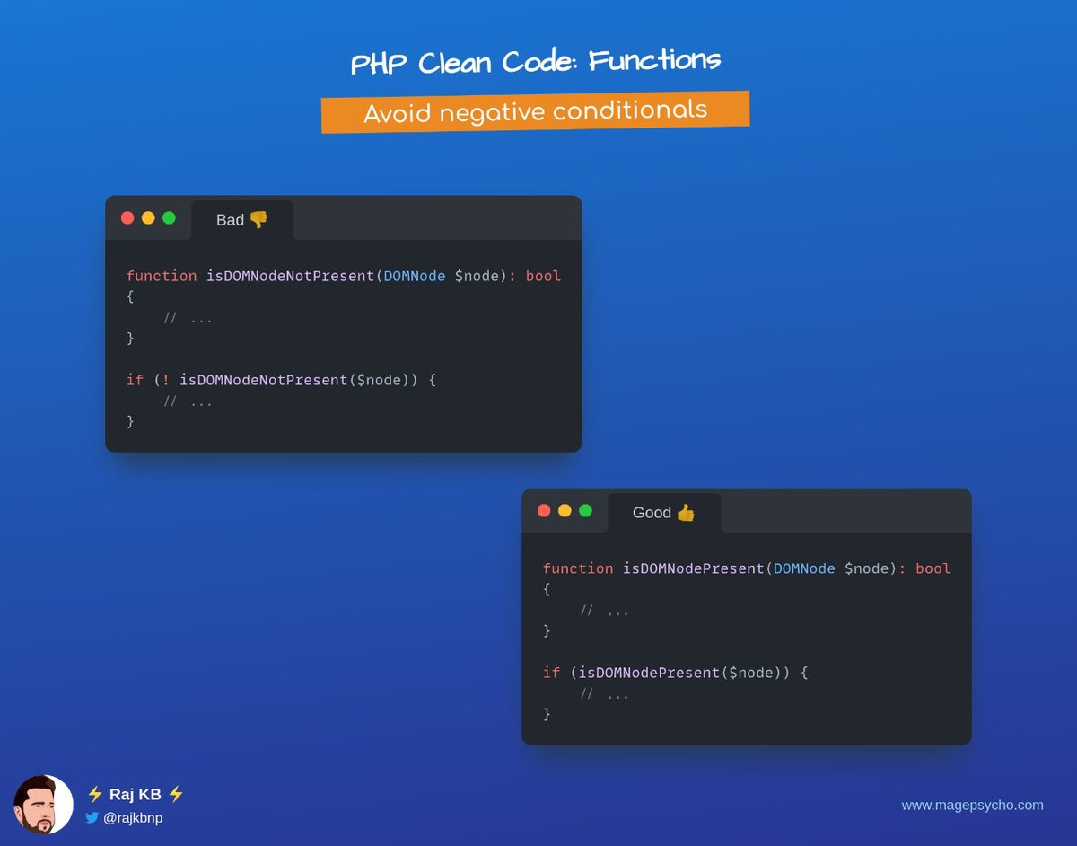 rajkbnp's tweet image. 🔟 Clean Code Series: Functions📒🧑💻

☑️ Avoid negative conditionals

🐘 #PHP #Laravel #Symfony