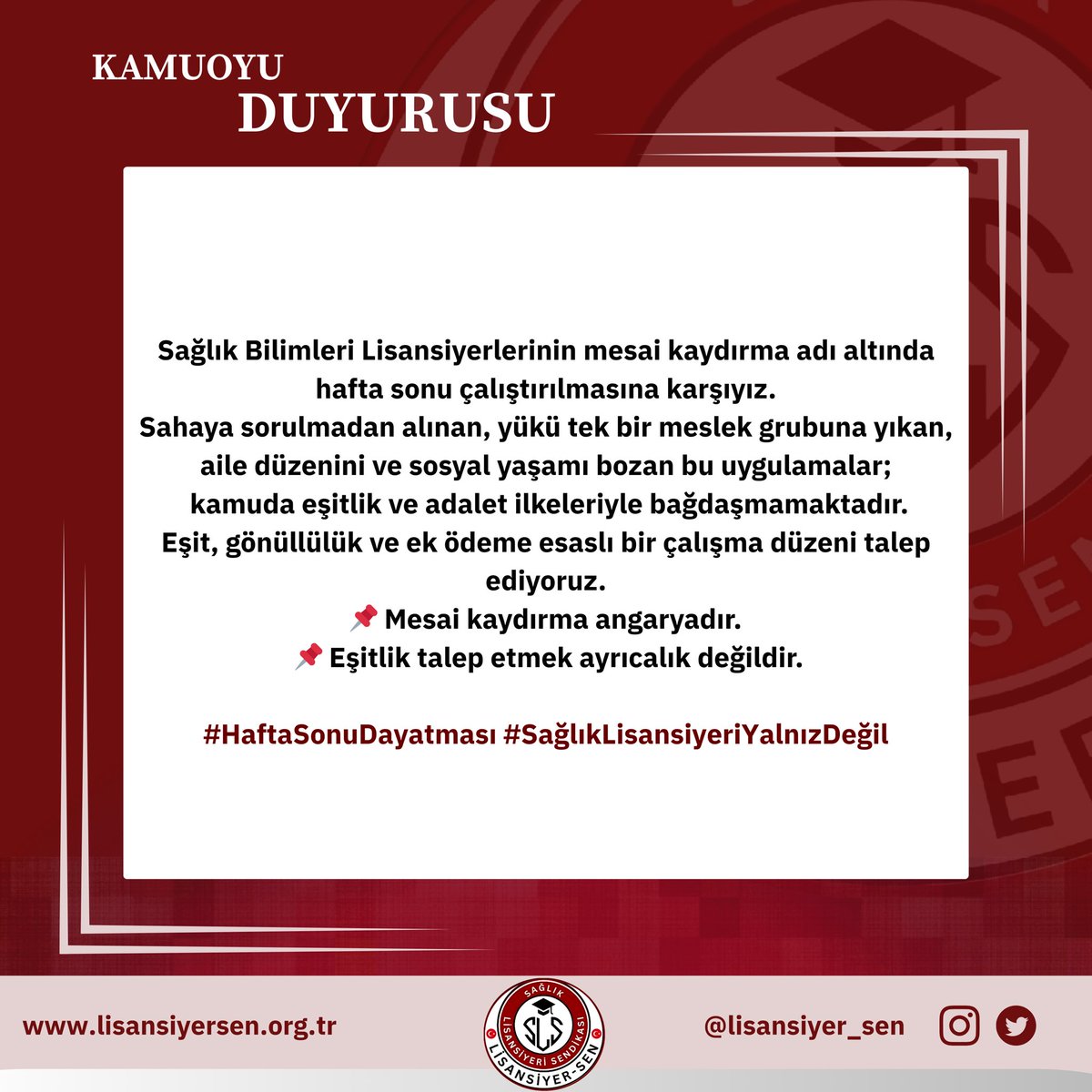 Sağlıklı Hayat Merkezleri ve Kamu/ Üniversite Hastanelerinde
sağlık lisansiyerlerine hafta sonu çalışma zorunluluğu getirilmesi kabul edilemez.
#HaftaSonuDayatması
#SağlıkLisansiyeriYalnızDeğil 

<a href="/drmemisoglu/">Prof. Dr. Kemal Memişoğlu</a> <a href="/halksagligigm/">Halk Sağlığı Genel Müdürlüğü</a> <a href="/yhgmsb/">Yönetim Hizmetleri Genel Müdürlüğü</a> <a href="/sbkhgm/">Kamu Hastaneleri Genel Müdürlüğü</a> <a href="/sbsggm/">Sağlığın Geliştirilmesi</a> <a href="/dryasinerkoc/">Dr. Yasin Erkoç</a> <a href="/memindemirkoltr/">Doç. Dr. Muhammed Emin DEMiRKOL</a>