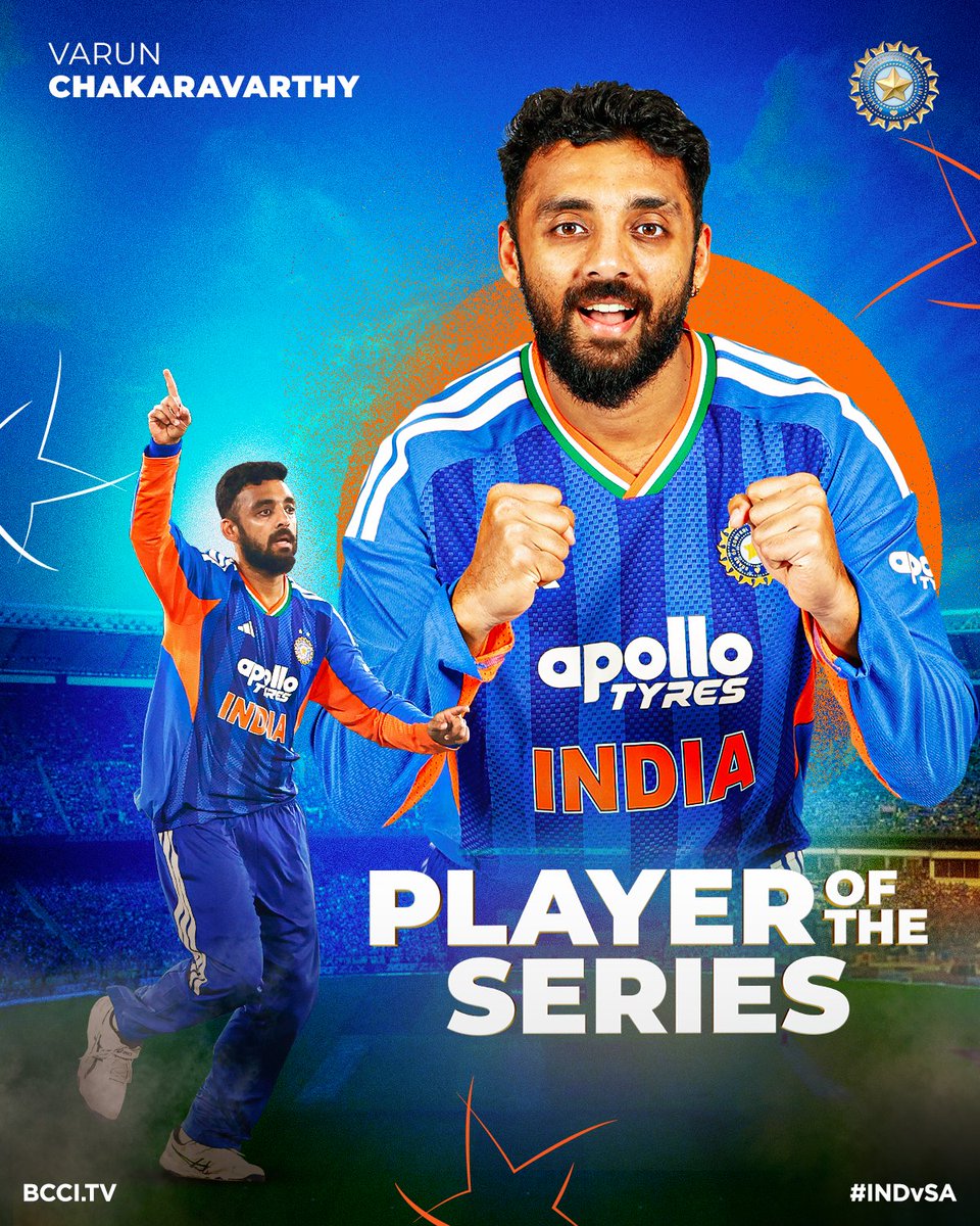 BCCI's tweet photo. 🔟 Wickets 
7⃣.4⃣6⃣ Economy 
4⃣/5⃣3⃣ Best bowling figures 

For his match-defining spells, Varun Chakaravarthy is named the Player of the Series 👏👌

Scorecard ▶️ https://t.co/kw4LKLNSl3

#TeamIndia | #INDvSA | @chakaravarthy29 | @IDFCFIRSTBank https://t.co/fL5Wzx5xfZ